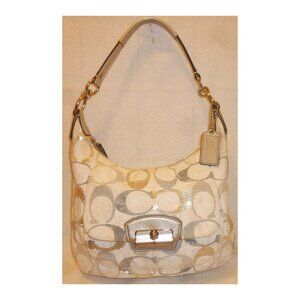 COACH LARGE BEIGE/GRAY MONOGRAM JACQUARD SHOULDER HANDBAG
